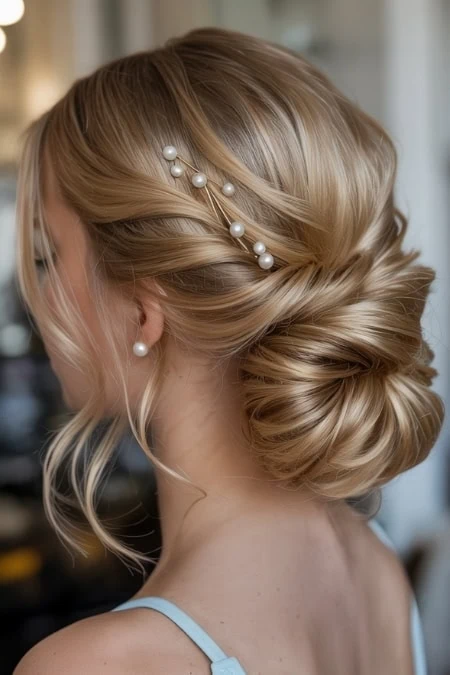 Elegant bridal updo with pearl hair accessories, perfect for wedding hairstyles and special occasions. Beautifully styled blonde hair with soft curls and pearl embellishments.