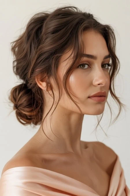 Elegant woman with styled brown hair and natural makeup, looking over her shoulder, showcasing her beauty and sophisticated prom hairstyles for beauty and fashion content.