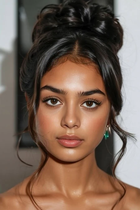 Beautiful woman with styled hair and flawless skin, emphasizing natural beauty and prom hairstyles.