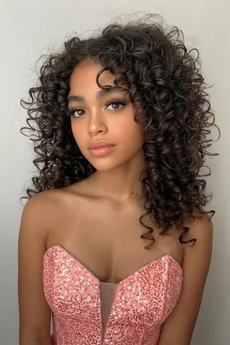 A woman with voluminous, curly dark hair wearing a pink, sequined strapless dress, posing against a plain background. Perfect for beauty, hair, and fashion-related content.