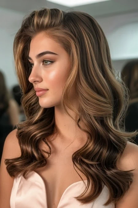 Beautiful young woman with long, voluminous, wavy hair styled for prom night, showcasing a trendy and sophisticated look perfect for special occasions.