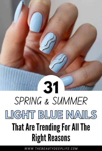 Elegant light blue nails featuring wavy patterns, perfect for spring and summer fashion trends, ideal for women seeking stylish and trendy nail designs.