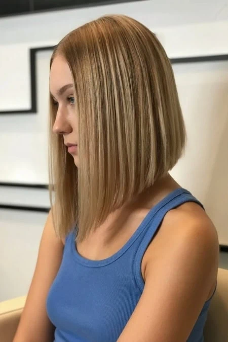 Blonde bob hairstyle with sleek, straight hair and subtle highlights, perfect for a modern, stylish look. Ideal for those seeking a low-maintenance yet fashionable hairdo.
