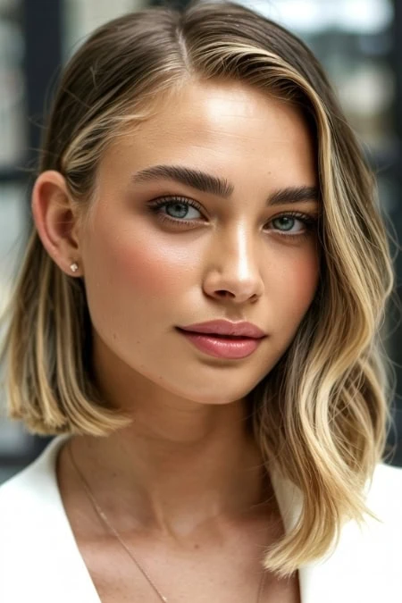 Young woman with clear skin, blonde hair, and blue eyes, showcasing natural beauty and confidence.