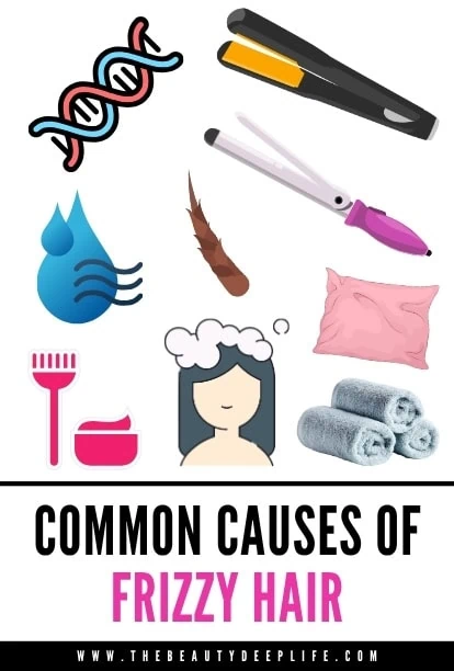 Image showing tools and products for preventing frizzy hair, including a flat iron, hairbrush, hairdryer, and hair care products, aligned with a guide to achieving smooth, frizz-free hair.