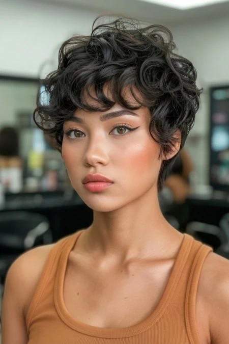 Natural curly short pixie haircut for women, showcasing a trendy and stylish look for a round face. Perfect for those seeking modern haircuts that enhance natural texture and volume.