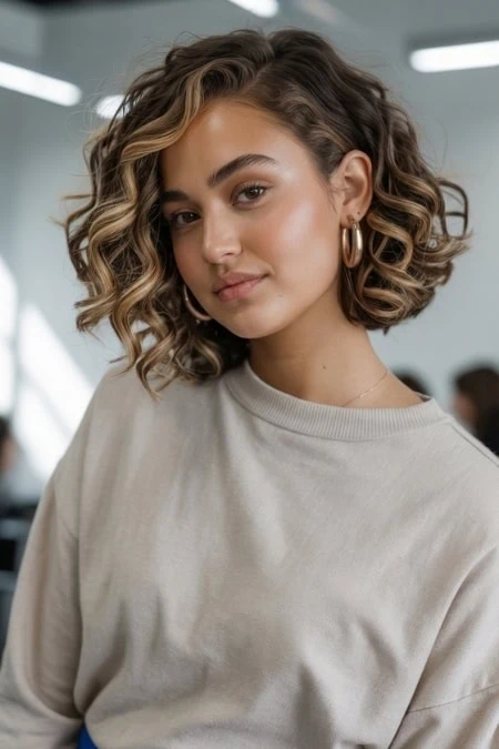 Confident young woman with curly hair and gold hoop earrings, showcasing natural beauty and modern style in a bright, professional setting.