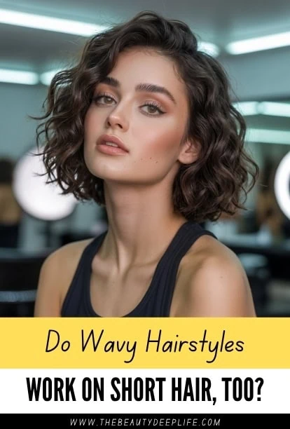Wavy short hairstyle for women, showcasing a trendy, textured look perfect for modern fashion. Ideal for those seeking a versatile, stylish haircut that enhances natural waves and adds volume.