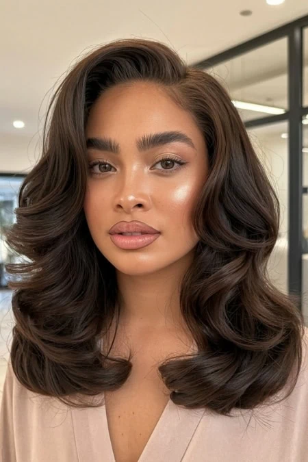 A stunning woman with long, voluminous, wavy hair showcasing healthy, shiny hair for beauty and hair care inspiration. Perfect for beauty, hair styling, and skincare topics.