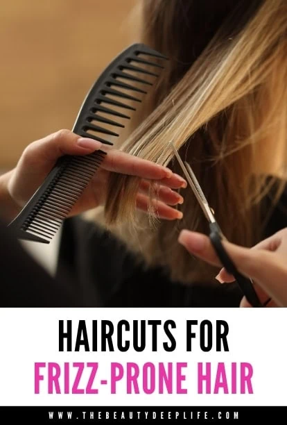 A woman getting a professional haircut to manage frizzy hair, with a focus on smooth, sleek hairstyles. The image highlights haircare techniques for reducing frizz and achieving a polished look.