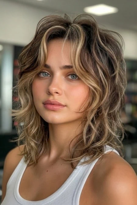 Young woman with natural wavy blonde hair and subtle makeup, showcasing healthy haircut with her round face.