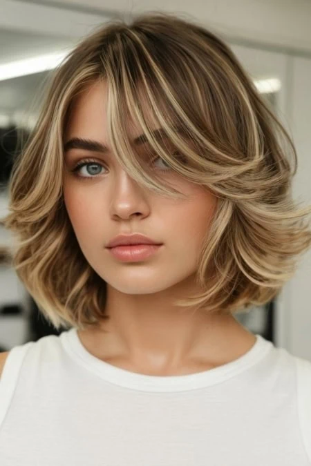 Modern blonde bob haircut featuring soft layers and a natural shine, perfect for a fresh, stylish look for a round face shape. Ideal for beauty and haircare enthusiasts seeking trendy hair inspiration.