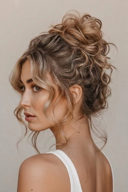 Elegant wavy updo hairstyle with voluminous 2C waves and a messy bun, perfect for special occasions and enhancing natural beauty.