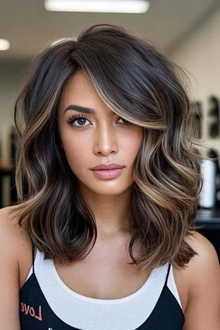 A woman with shoulder-length, wavy hair featuring balayage highlights, showcasing a trendy and healthy hairstyle perfect for beauty and hair care enthusiasts.