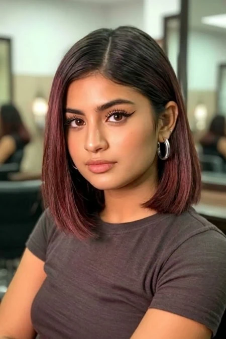 A young woman with a sleek, shoulder-length bob hairstyle featuring subtle reddish-brown highlights, wearing a black t-shirt and hoop earrings, in a professional salon environment.