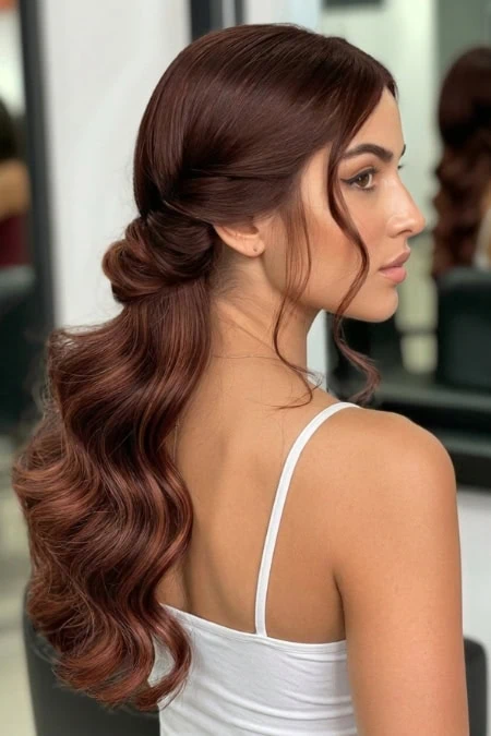 Elegant wavy hairstyle featuring long, glossy, chestnut-colored hair styled in soft waves, perfect for special occasions or everyday beauty routines.