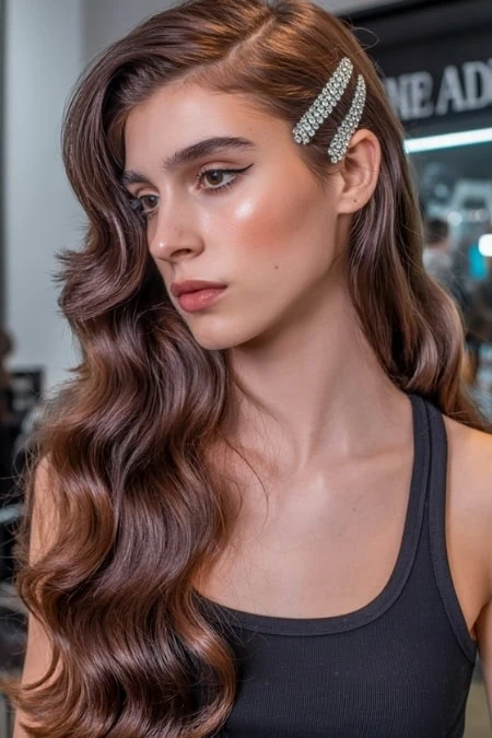 Brunette woman with a long, wavy hairstyle and hair clips, demonstrating hair styling and beauty care in a salon setting.