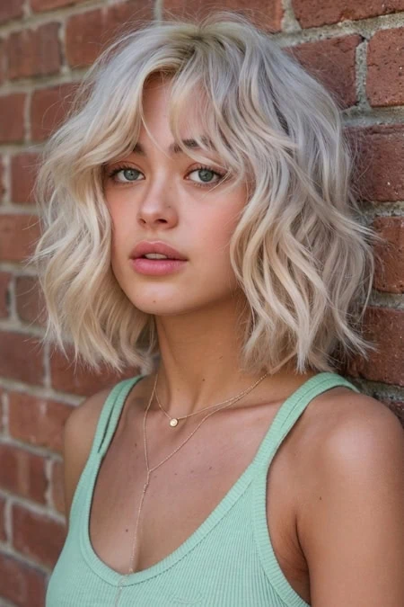 Stylish blonde wavy bob hairstyle for a modern, trendy look. Perfect for women seeking a fresh hairstyle that enhances natural beauty and adds volume.
