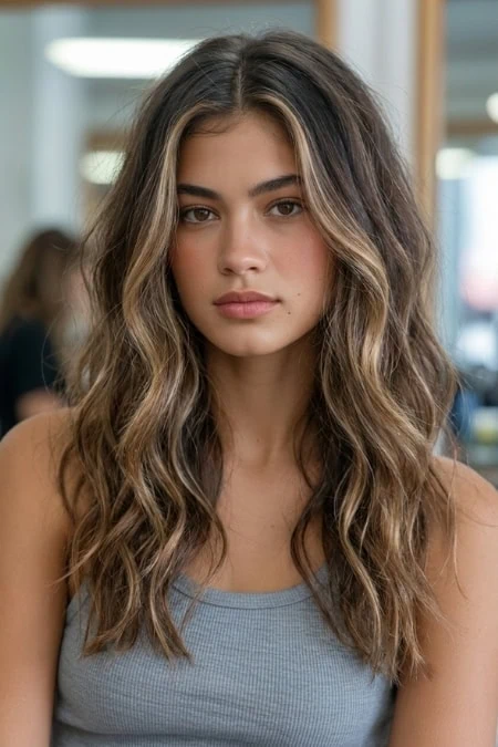 Young woman with beach waves showing an example of a highlighted wavy hairstyle and clear skin, showcasing natural beauty and skincare. Perfect for beauty, haircare, and wellness content related to self-care and confidence.