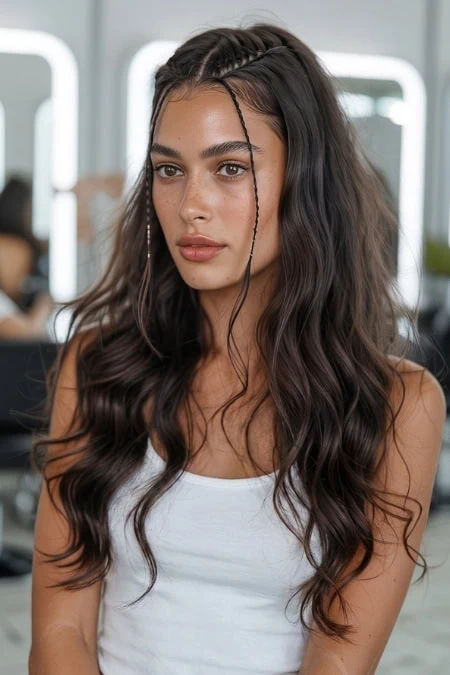 Beautiful woman showcasing wavy hairstyles example with long, wavy brunette hair and tiny boho braids.