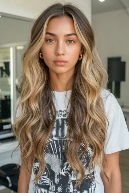 Young woman with an example of long, wavy hairstyles with boho style.