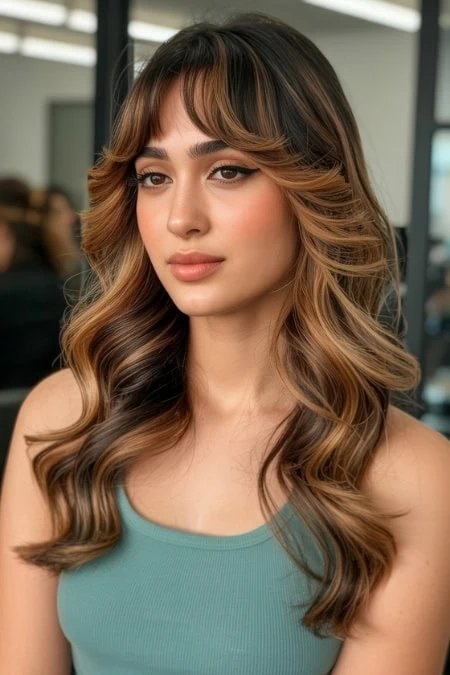 Beautiful woman with a long, wavy brunette hairstyle and bottleneck bangs.