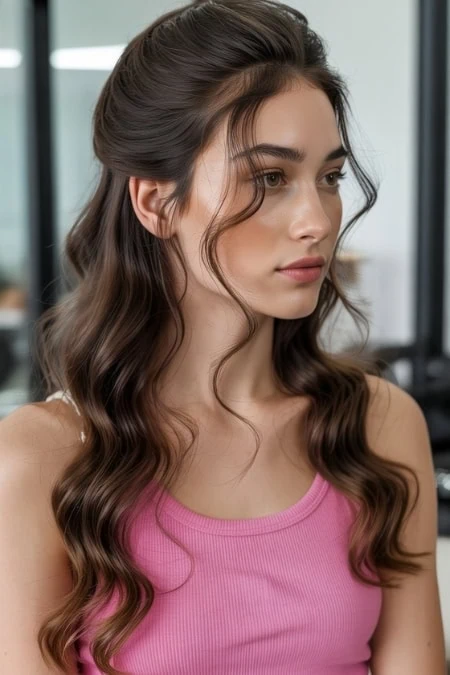 Healthy long wavy half-up hairstyle in loose curls, featuring rich brown tones with subtle highlights, showcased in a contemporary salon setting.
