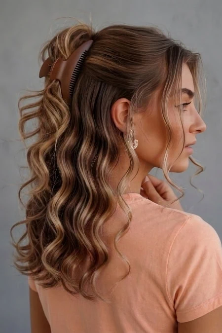 Beautiful woman with long, wavy hairstyle with a brown hair clip, showcasing a trendy and elegant style perfect for beauty and hair care enthusiasts.