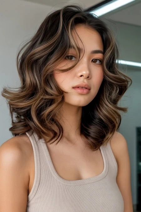 Beautiful woman with a shoulder length wavy hairstyle and highlights.