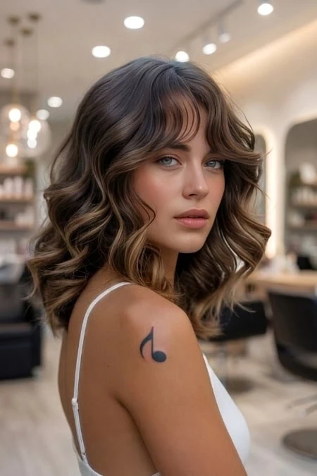 Beautiful woman with wavy, shoulder-length hair and curtain bangs.