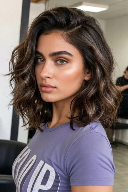 Young woman with wavy brunette hair and natural makeup, wearing a purple T-shirt, in a modern indoor setting, showcasing beauty, confidence, and natural hair care.