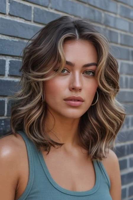 A close-up of a young woman with wavy, shoulder-length hair and natural makeup, standing against a brick wall. Emphasizes skincare, beauty, and confidence, suitable for beauty and lifestyle content.