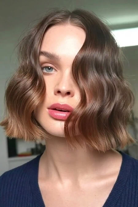 Close-up of a woman with shoulder-length wavy hair, showcasing a trendy bob hairstyle with soft waves, perfect for a stylish and modern look.