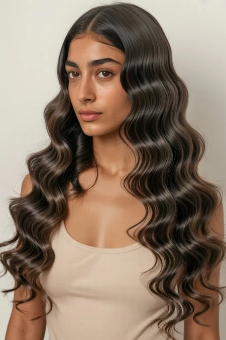 A woman with long, glossy, wavy hair showcasing healthy hair care and styling. Perfect for beauty, hair care, and styling tips, emphasizing natural, shiny, and well-maintained hair.