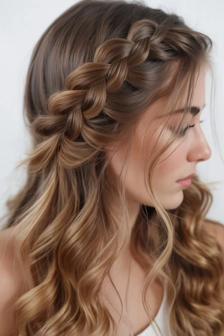 Elegant braided hairstyle for women with long, wavy hair, showcasing a beautiful side braid and soft curls, perfect for beauty, hair styling, and fashion inspiration.