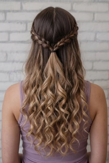 Beautiful boho-inspired half-up wavy hairstyle with twisted crown and flowing loose 2c waves, perfect for casual or special occasions. Showcases trendy, effortless hair styling ideas.