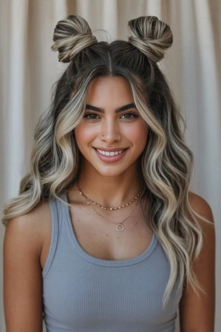Young woman with styled blonde balayage hair in playful double buns, smiling confidently, wearing a light blue tank top and layered necklaces, standing in front of neutral curtains.