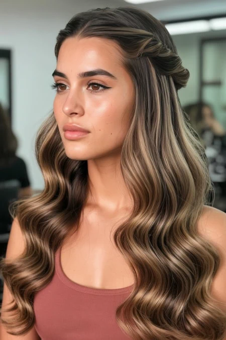 A woman with long, voluminous wavy hair featuring caramel and honey highlights, styled in loose waves. She has a natural makeup look and is in a modern salon setting, showcasing hair styling and beaut.