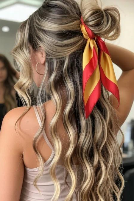 Beautiful long blonde wavy hairstyle with a red and yellow scarf, showcasing a glamorous and elegant look perfect for special occasions or everyday fashion.