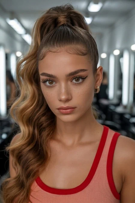 Confident young woman with wavy hairstyle and natural makeup in a gym setting, showcasing fitness and beauty. Perfect for health, wellness, and beauty-related content.