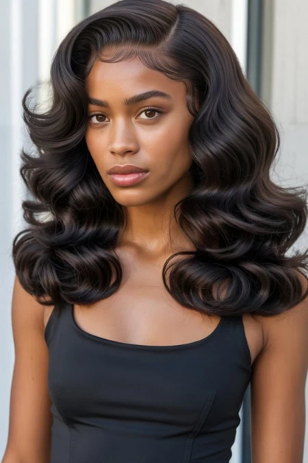 Elegant woman with voluminous, glossy Hollywood waves hair showcasing healthy hair care and styling. Perfect for beauty, haircare, and styling tips from The Beauty Deep Life.