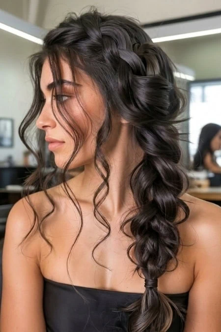 Beautiful woman with long, dark, wavy hairstyle with a braided crown, showcasing elegant and healthy hair. Perfect for hair styling inspiration and beauty tips.