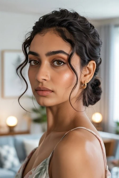 A portrait of a young woman with flawless skin, dark wavy hair in a low bun and subtle makeup, posing in a modern, well-lit living room with stylish decor and cozy ambiance.