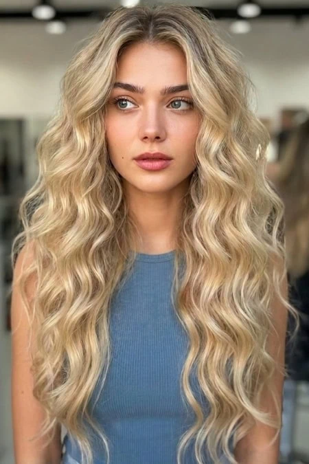 Blonde woman with long mermaid waves, wavy hairstyle at a beauty salon, showcasing healthy, shiny hair with a natural look. Perfect for beauty, hair care, and styling inspiration.