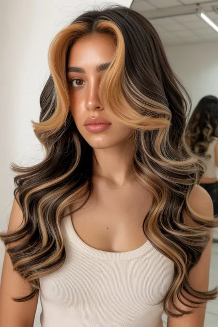 Beautiful long wavy hairstyle featuring blonde highlights and dark roots, styled in loose curls. Perfect for a glamorous, trendy look, showcasing hair coloring and styling techniques.