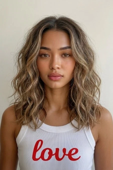 Beautiful young woman with wavy hair and natural makeup, wearing a white tank top with the word "love" in red, showcasing confidence and natural beauty for skincare and self-love themes.
