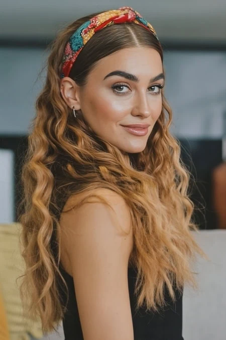 A woman with long, wavy hair wearing a colorful headband, showcasing natural makeup and confident expression, in a modern indoor setting.