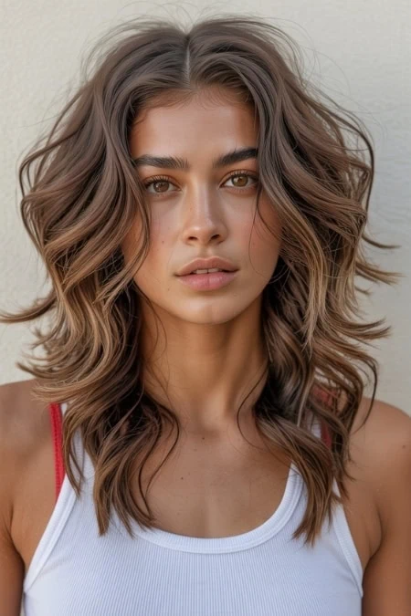 A portrait of a young woman with voluminous, wavy brown hairstyle that is a layered shaggy lob.