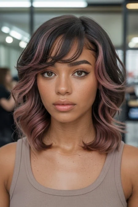 Balayage hairstyle featuring soft waves, side swept bangs, and pink highlights, perfect for a trendy, youthful look. The image showcases a woman with a stylish haircut, emphasizing hair coloring techniques and hair styl.