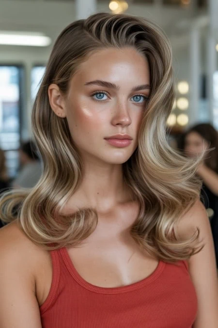 Beautiful young woman with flawless skin and styled loose waves hair, wearing a red tank top, in a modern salon with bright lighting and a blurred background of salon chairs and mirrors.